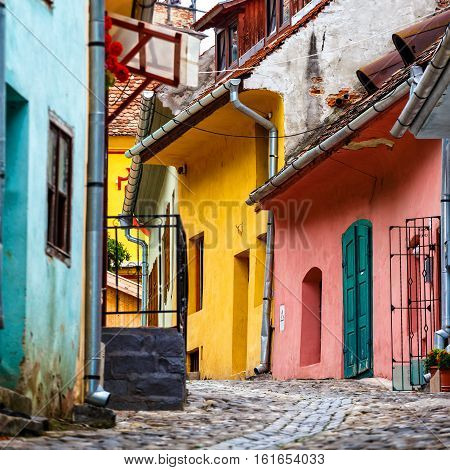 Medieval street view in Sighisoara in Romania