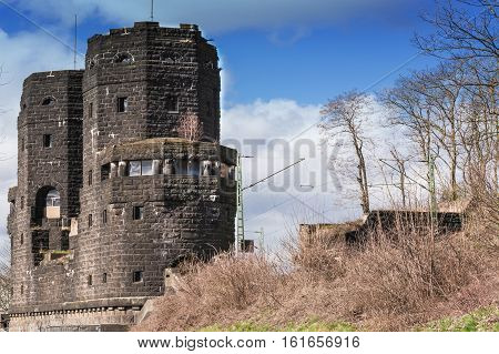 Ruin the Ludendorff Bridge at Erpel am Rhein in Germany.Towers of the Remagen bridge are located on the opposite bank of the city Erpel am Rhein in Germany.