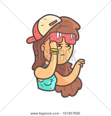 Holding The Grudge Girl In Cap, Choker And Blue Top Hand Drawn Emoji Cool Outlined Portrait. Part Of Funky Flat Vector Sticker Series With Teenager Different Emotional Facial Expressions In Comics Style.