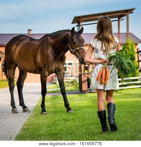 a girl hide the carrot behind back for her horse