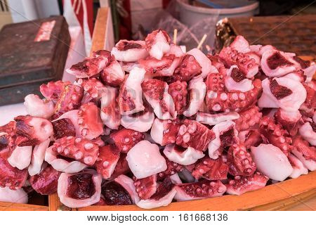 Japanese raw octopus bites, served at the karatsu konchi festival