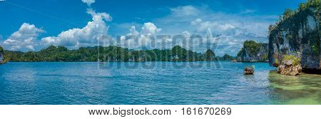Rocks Landscape in Kabui Bay near Waigeo. West Papuan, Raja Ampat, Indonesia. Banner