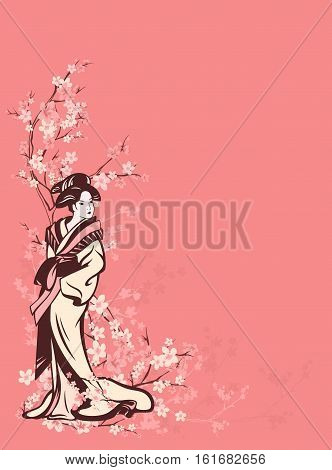 spring season vector vertical background with beautiful Japanese geisha among sakura tree flowers