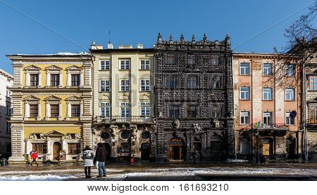 Lviv, Ukraine - February, 2014 - The oldest building in Lviv, Ukriana at Market Square. Bandinelli Palace, Kamenica Ubaldini, Black Kamenica, Kamenica Lukashevich.