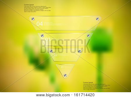 Illustration infographic template with motif of glass triangle horizontally divided to five sections. Blurred photo with natural motif is used as background with couple of green poppy blooms.