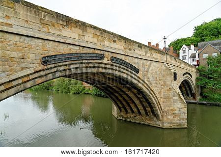Framwellgate Bridge a medieval masonry arch bridge over the river Wear in Durham North East England.