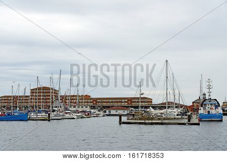 HARTLEPOOL, UK - JUNE 30 2016: Hartlepool Marina one of the most modern Marina facilities in Europe featuring one of Europe's biggest boat hoists and attracting hundreds of vessels.