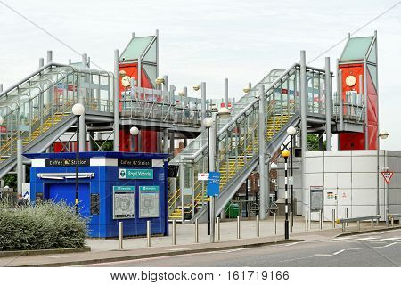 LONDON ENGLAND - JULY 7 2016: Royal Victoria Station on DLR in east London. It opened on 28 March 1994 and is named after the nearby Royal Victoria Dock.