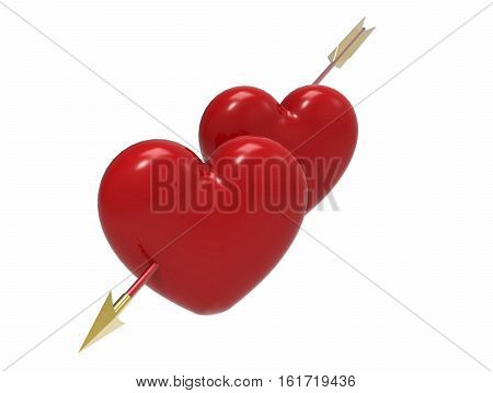 Two hearts pierced by an arrow on white background 3D render