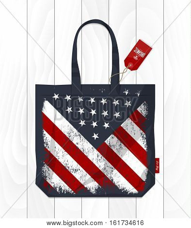 Vintage United States of America flag printed on eco bag. Fabric USA handbag isolated on white wooden background. Premium quality Stars and Stripes burlap shopping bag vector illustration mockup.