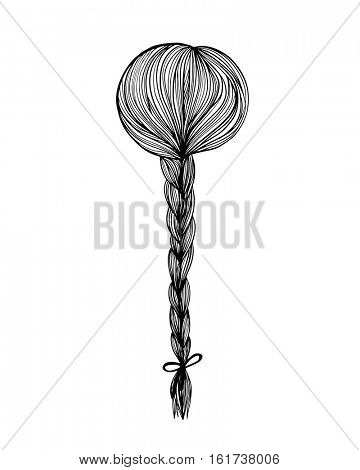 Woman head back view with bride. hair. Hand-drawn cartoon hairdressing sketch. Doodle drawing. Vector illustration.