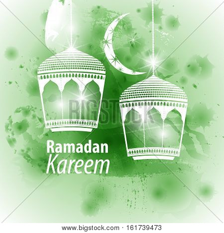 Watercolor green blob illustration Ramadan kareem mubarak. Beautiful islamic stylized lantern traditional greeting card wishes holy month and karim muslim. Star and moon with lamp light.