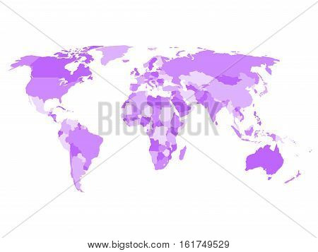 World map with names of sovereign countries and larger dependent territories. Simplified vector map in four shades of violet on white background.