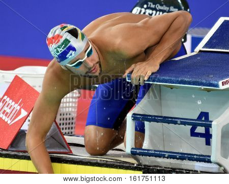 Hong Kong China - Oct 29 2016. Olympic and world champion swimmer LE CLOS Chad (RSA) at the start of the Men's Butterfly 100m Preliminary Heat. FINA Swimming World Cup Victoria Park Swimming Pool.