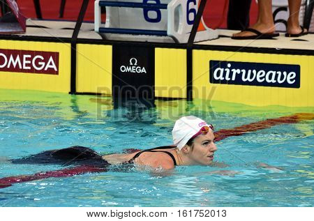 Hong Kong China - Oct 29 2016. Australian olympian and world champion swimmer Emily SEEBOHM (AUS) on the buoy lane markers. FINA Swimming World Cup Preliminary Heats Victoria Park Swimming Pool.