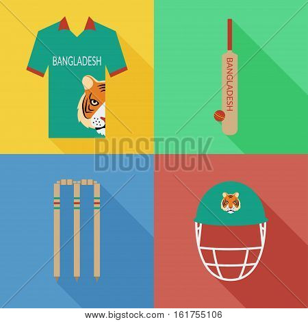 Bangladesh cricket icons in flat design with long shadows