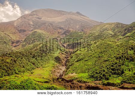 Close Up View Of Tungurahua Volcano Active Volcano On A Sunny Day And Blue Sky Ecuador South America
