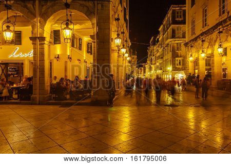 Corfu, Greece - July 12, 2011: Lively Night Life On The Main Pedestrian Street Liston