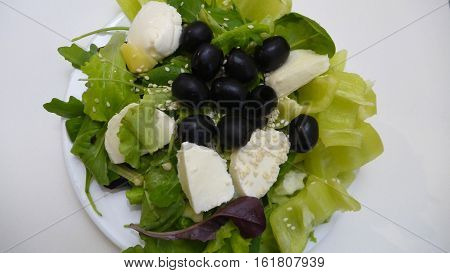 Green Salad With Mozzarella Cheese And Olives