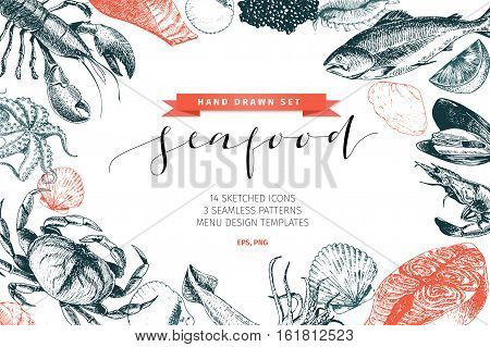 Vector hand drawn set of seafood icons. Lobster salmon crab shrimp ocotpus squid and clams. Engraved art. Delicious food menu objects. Use for resaurant promotion market store banner
