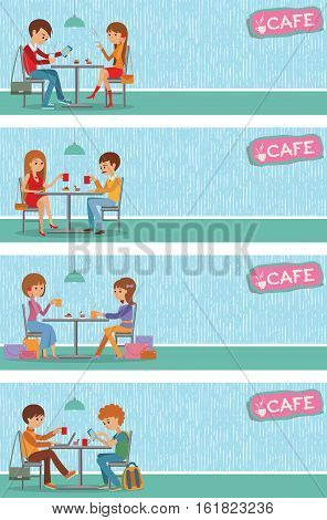 Couples of people in cafe eat, drink and use phone. Templates for flyers and banners. Vector Illustration with men and women at tables on blue background.