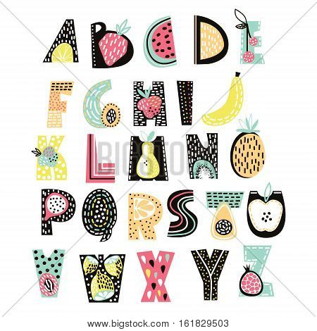 Abstract Alphabet fruit. Creative Kids font. Great for education home decor. It Be used for funny t-shirt quotes and kids fashion prints. Vector Illustration
