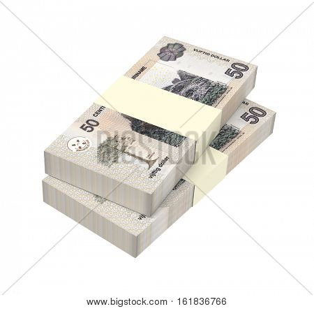 Surinamese dollar bills stack isolated on white background. 3D illustration.
