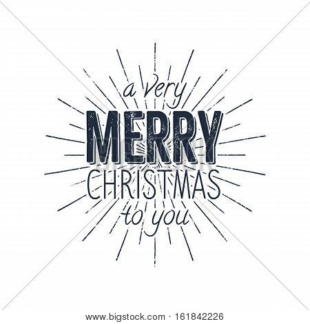 Avery Merry Christmas to you typography label. Retro photo overlay, badge. Vector holiday lettering illustration. Xmas greeting sign isolated. Rustic style. Stock vector illustration.