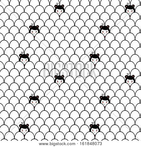 Seamless pattern with kokeshi dolls. Background for kids.
