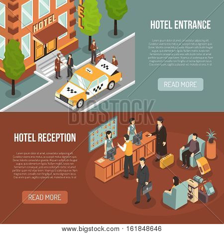 Hotel information 2 horizontal isometric banners webpage design with entrance street view and reception desk isolated vector illustration
