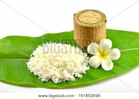 Rice, lunch box of Thailand and white flowers on the leaf of banana tree isolate