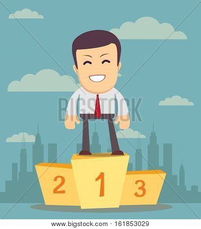 Businessman winner standing in first place on a podium he celebrates his victory vector illustration