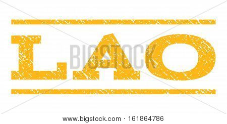 Lao watermark stamp. Text caption between horizontal parallel lines with grunge design style. Rubber seal stamp with dirty texture. Vector yellow color ink imprint on a white background.