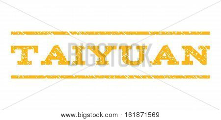 Taiyuan watermark stamp. Text tag between horizontal parallel lines with grunge design style. Rubber seal stamp with dirty texture. Vector yellow color ink imprint on a white background.