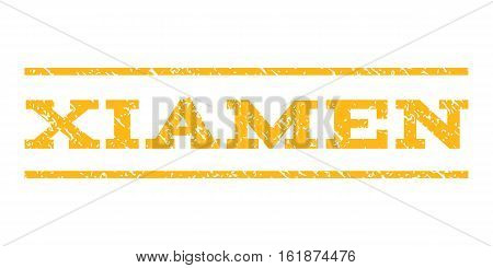 Xiamen watermark stamp. Text caption between horizontal parallel lines with grunge design style. Rubber seal stamp with dirty texture. Vector yellow color ink imprint on a white background.
