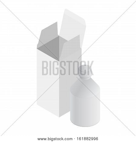 Isometric blank medicine bottle. Package of drugs or medication. Isolated on white background. Isometric box and bottle. Package of drugs with package, box. Medicine and vitamins, examples and templates