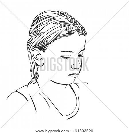 Head of beautiful young girl with downcast eyes, Vector sketch Hand drawn illustration
