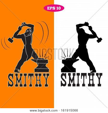 Set of two blacksmiths on a white and orange background with inscription smithy.