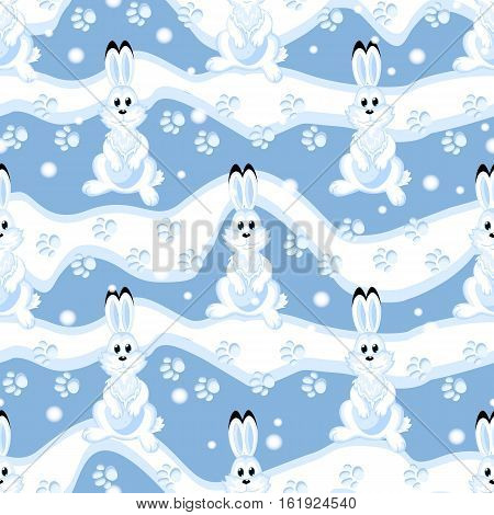 Vector seamless pattern for the winter holidays. Beautiful blue background with white hares on the drifts and traces of animal paws. Cartoon style.