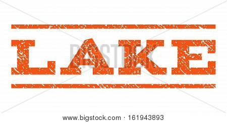 Lake watermark stamp. Text caption between horizontal parallel lines with grunge design style. Rubber seal stamp with unclean texture. Vector orange color ink imprint on a white background.