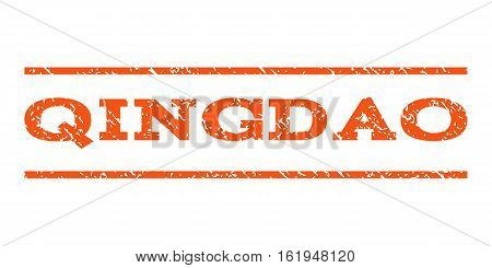 Qingdao watermark stamp. Text caption between horizontal parallel lines with grunge design style. Rubber seal stamp with dust texture. Vector orange color ink imprint on a white background.