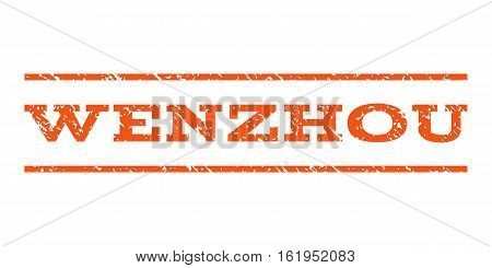 Wenzhou watermark stamp. Text caption between horizontal parallel lines with grunge design style. Rubber seal stamp with unclean texture. Vector orange color ink imprint on a white background.