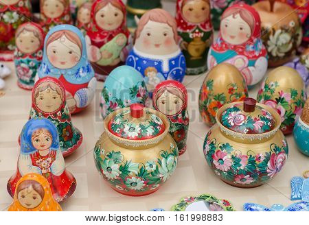 Russian traditional Matryoshka souvenirs at the fair