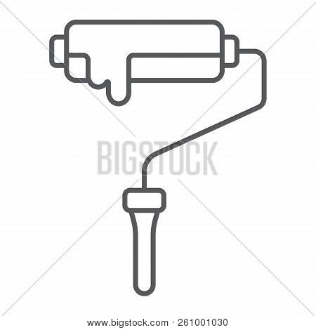 Paint Roller Thin Line Icon, Tool And Roll, Painter Sign, Vector Graphics, A Linear Pattern On A Whi