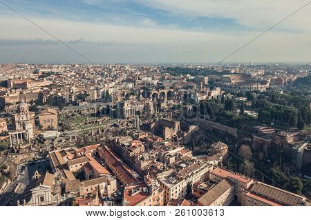 Aerial View Of Colosseum And Ancinet Roman Ruins