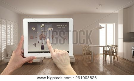 Smart Remote Home Control System On A Digital Tablet. Device With App Icons. Minimalist Modern Brigh