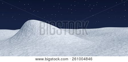 White Snow Hill And Smooth Snow Surface Under Dark Blue Night Sky With Stars, Winter Snow Background
