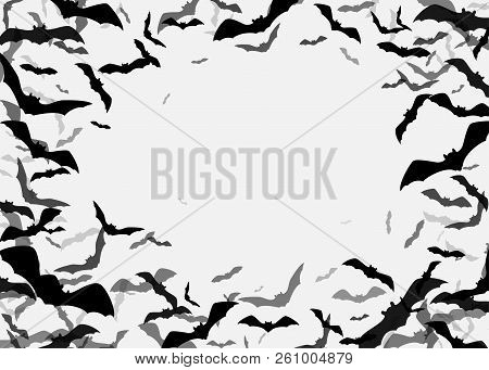 Halloween Flying Bats Border Background. Creepy Silhouette Flittermouse Group Isolated On White. Cop