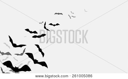 Halloween Flying Bats Background. Creepy Silhouette Flittermouse Group Isolated On White. Vector Ill