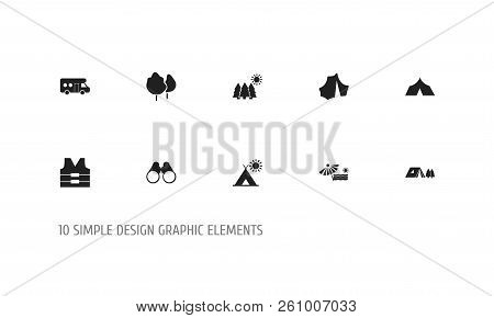 Set Of 10 Editable Trip Icons. Includes Symbols Such As Binoculars, Cork Jacket, Beach And More. Can